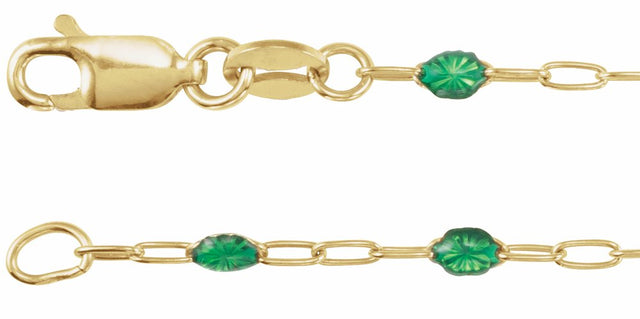 14K Yellow Gold-Filled 1.6 mm Green Enamel Bead Paperclip-Style 7" Chain