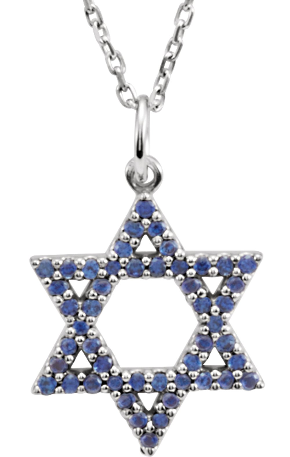 14K White Natural Blue Sapphire Star of David 16" Necklace