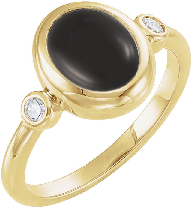 14K Yellow Gold Natural Black Onyx & 1/8 CTW Natural Onyx Cabochon Ring