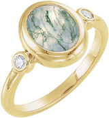 14K Yellow Gold Natural Moss Agate & 1/8 CTW Natural Diamond Cabochon Ring