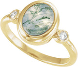 14K Yellow Gold Natural Moss Agate & 1/8 CTW Natural Diamond Cabochon Ring