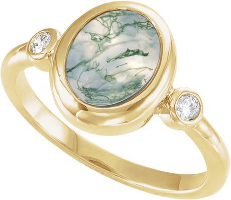 14K Yellow Gold Natural Moss Agate & 1/8 CTW Natural Diamond Cabochon Ring