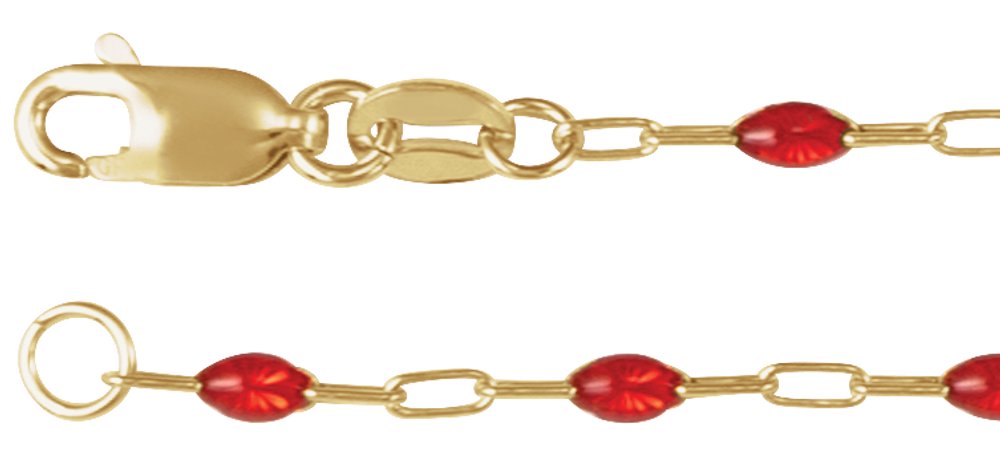 14K Yellow Gold-Filled 1.6 mm Red Enamel Bead Paperclip-Style 7" Chain