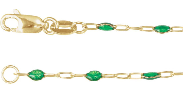 14K Yellow Gold-Filled 1.6 mm Green Enamel Bead Paperclip-Style 16" Chain