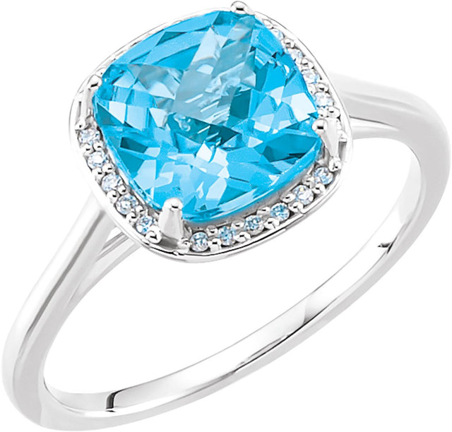 14K White Natural Swiss Blue Topaz & 1/6 CTW Natural Diamond Halo-Style Ring