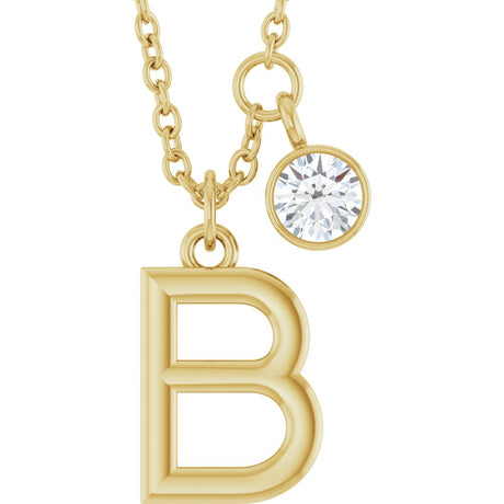 14K Yellow Gold Initial B 1/10 CT Lab-Grown Diamond 16-18" Necklace