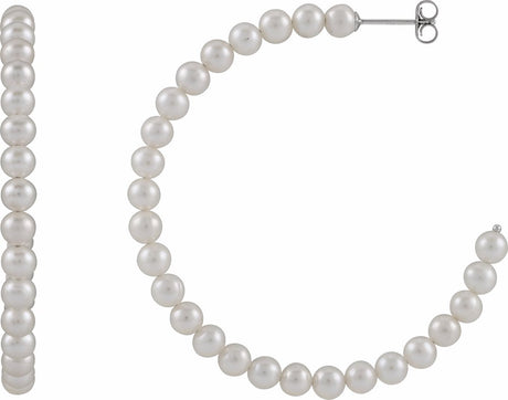 Sterling Silver Cultured White Akoya Pearl Hoop Earrings