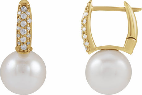 14K Yellow Gold Cultured White Akoya Pearl & 1/6 CTW Natural Diamond Earrings