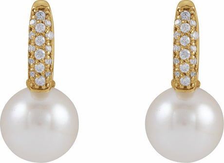 14K Yellow Gold Cultured White Akoya Pearl & 1/6 CTW Natural Diamond Earrings