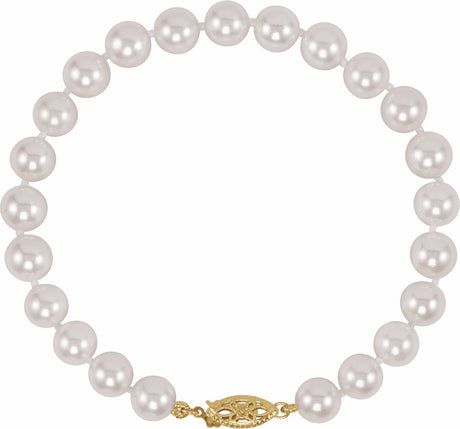 14K Yellow Gold Cultured White Akoya Pearl 7 1/2" Bracelet