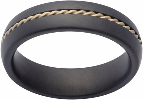 Black Ceramic & 14K Yellow Gold 6 mm Rope Inlay Comfort-Fit Half-Round Band with Satin Finish Size 9