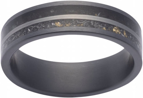 Zirconium 6 mm Crushed Megalodon, Meteorite & 14K Yellow Gold Inlay Comfort-Fit Flat Band Size 9