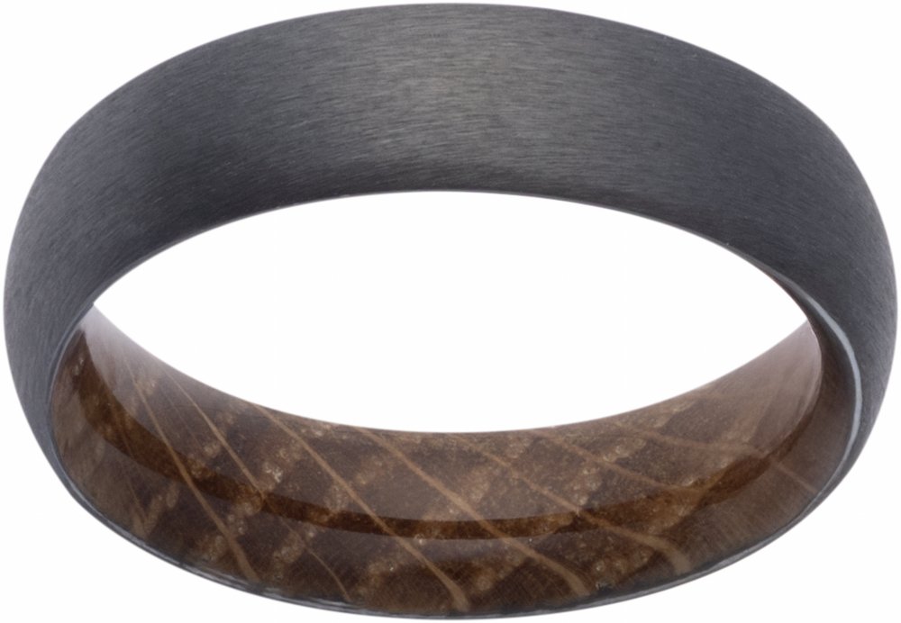 Zirconium 6 mm Whiskey Barrel Wood Interior Sleeve Comfort-Fit Half-Round Band Size 8