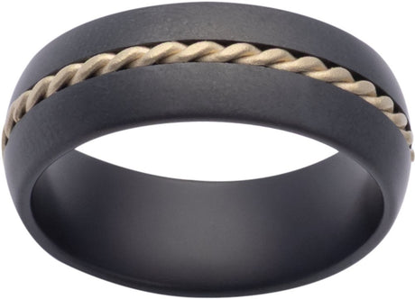 Black Ceramic & 14K Yellow Gold 8 mm Rope Inlay Comfort-Fit Half-Round Band with Satin Finish Size 8