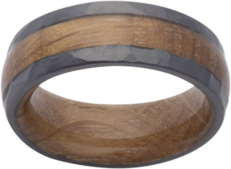 Zirconium 8 mm  Whiskey Barrel Wood Inlay & Interior Sleeve Comfort-Fit Half-Round Band Size 8
