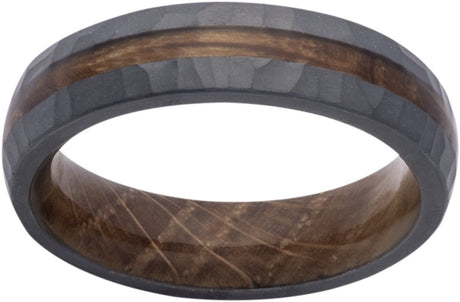 Zirconium 6 mm  Whiskey Barrel Wood Inlay & Interior Sleeve Comfort-Fit Half-Round Band Size 8
