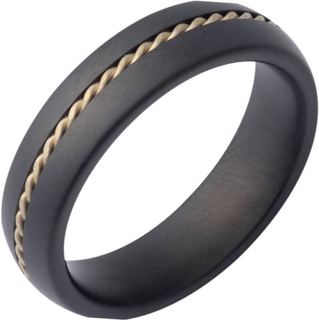 Black Ceramic & 14K Yellow Gold 6 mm Rope Inlay Comfort-Fit Half-Round Band with Satin Finish Size 9