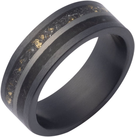 Zirconium 8 mm Crushed Megalodon, Meteorite & 14K Yellow Gold Inlay Comfort-Fit Flat Band Size 8