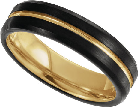 18K Yellow Gold PVD & Black PVD Tungsten 6 mm Beveled-Edge Grooved Comfort-Fit Band Size 7