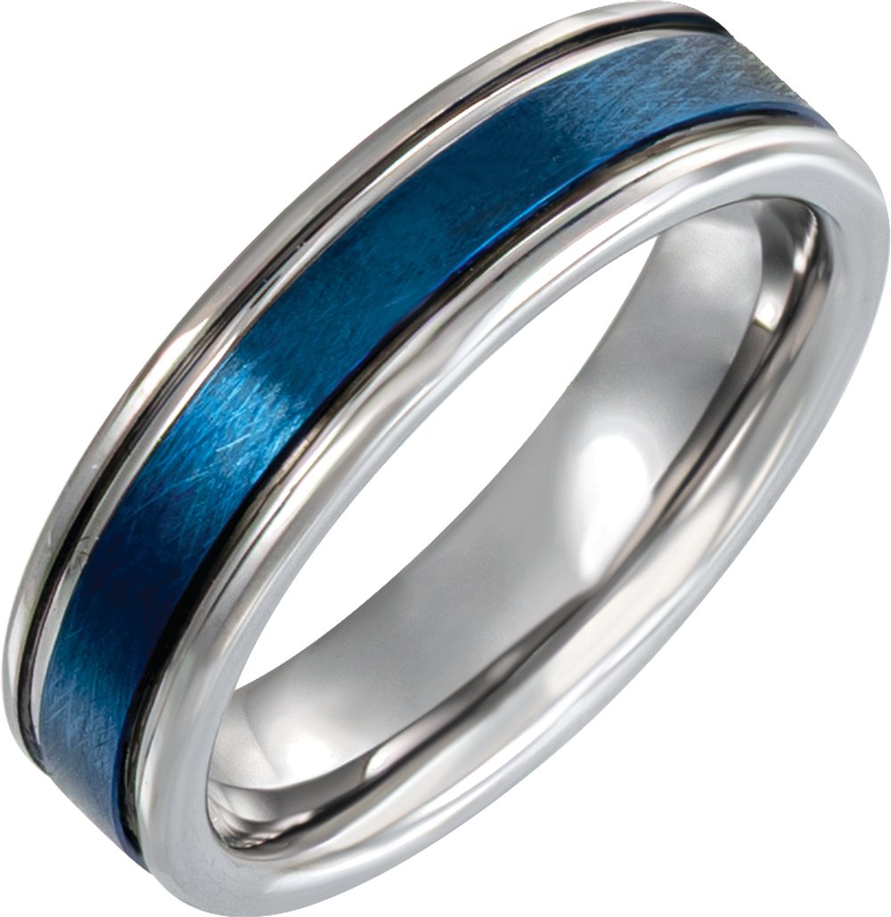 Blue PVD Tungsten 6 mm Beveled-Edge Grooved Inlay Comfort-Fit Band Size 8