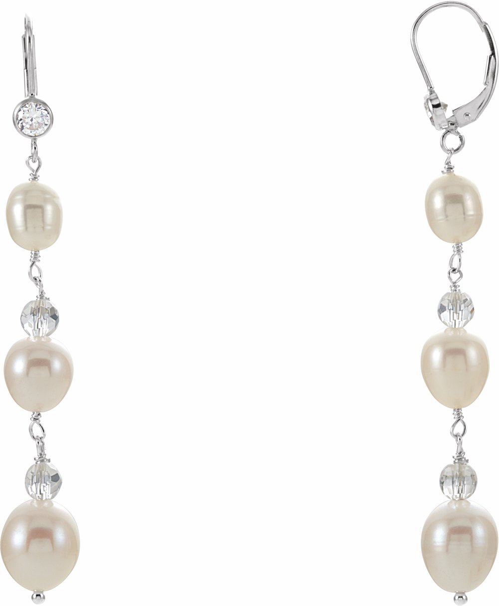 Sterling Silver Cultured White Freshwater Pearl & Imitation Cubic Zirconia Earrings