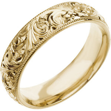 14K Yellow Gold 6 mm Hand-Engraved Milgrain Stepped-Edge Sculptural Comfort-Fit Half Round Band Size 5