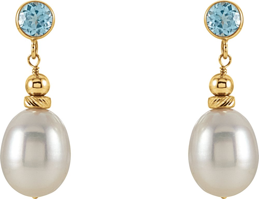 14K Yellow Cultured White Freshwater Pearl & Natural Swiss Blue Topaz Earrings