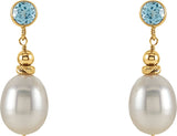 14K Yellow Cultured White Freshwater Pearl & Natural Swiss Blue Topaz Earrings