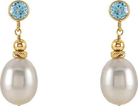 14K Yellow Cultured White Freshwater Pearl & Natural Swiss Blue Topaz Earrings