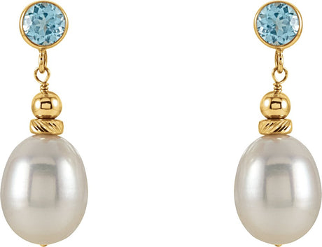 14K Yellow Gold Cultured White Freshwater Pearl & Natural Swiss Blue Topaz Earrings