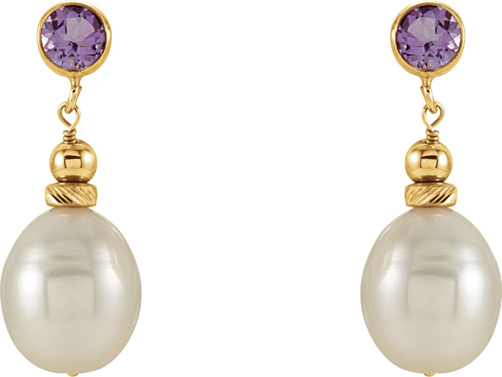 14K Yellow Cultured White Freshwater Pearl & Natural Amethyst Earrings