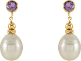 14K Yellow Cultured White Freshwater Pearl & Natural Amethyst Earrings