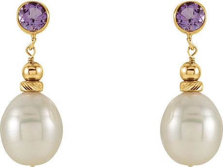 14K Yellow Cultured White Freshwater Pearl & Natural Amethyst Earrings