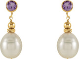 14K Yellow Gold Cultured White Freshwater Pearl & Natural Amethyst Earrings