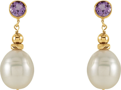 14K Yellow Gold Cultured White Freshwater Pearl & Natural Amethyst Earrings
