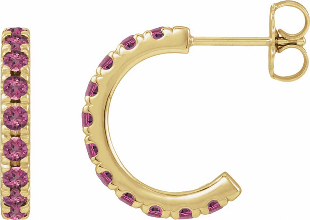 14K Yellow Gold Natural Pink Tourmaline French-Set 15.1 mm Huggie Hoop Earrings