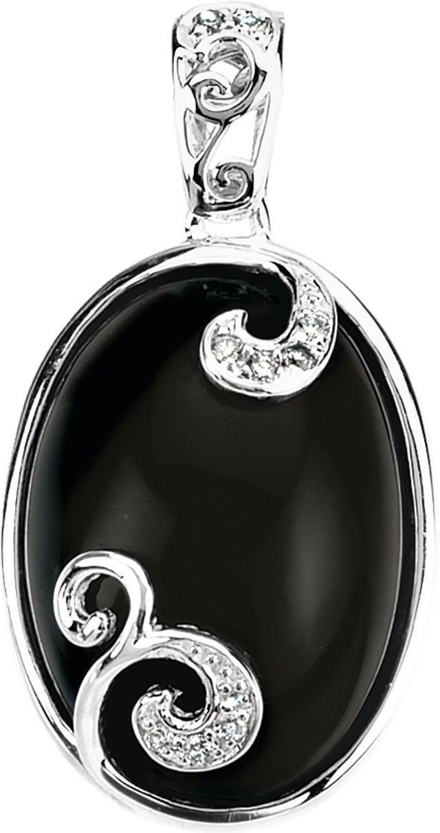 Sterling Silver Natural Black Onyx & .05 CTW Natural Diamond Scroll Pendant