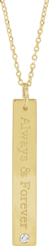 14K Yellow Gold .03 CT Natural Diamond Engravable Bar 16-18" Necklace