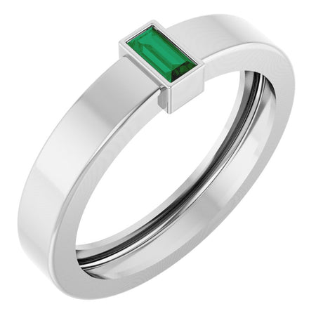 14K White Gold Lab-Grown Emerald  Bezel-Set Ring Size 7