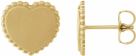 14K Yellow Gold Engravable Beaded Heart Earrings
