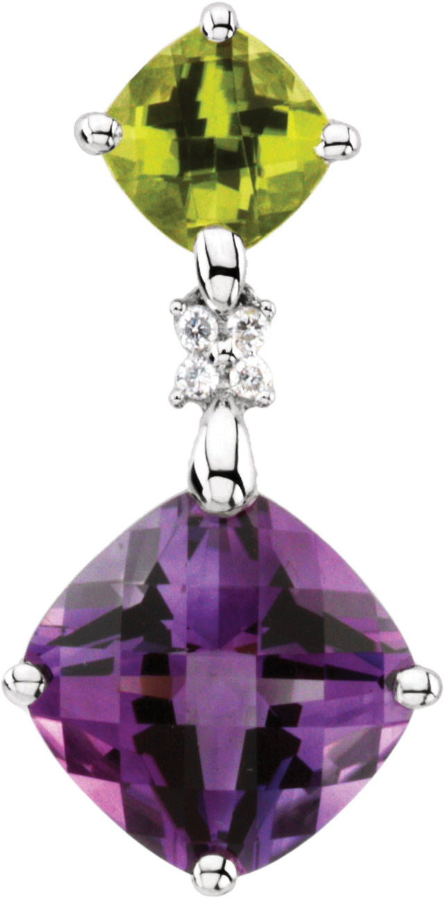 14K White Natural Amethyst, Natural Peridot & .03 CTW Natural Diamond Pendant