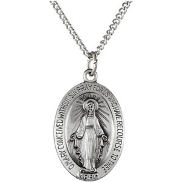 Sterling Silver 19x13.5 mm Oval Miraculous Medal 18" Necklace