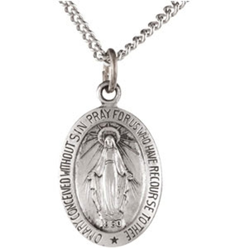 Sterling Silver 15x11 mm Oval Miraculous Medal 18" Necklace