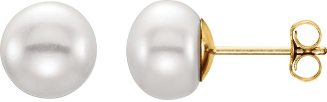 14K Yellow Gold 7-8 mm Cultured White Freshwater Button Pearl Earrings