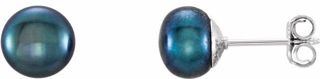 Sterling Silver 7-8 mm Cultured Black Freshwater Button Pearl Earrings