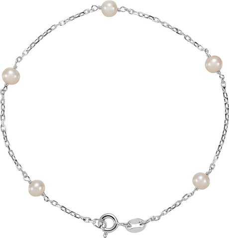 Sterling Silver Cultured White Freshwater Pearl 5-Station 7" Bracelet