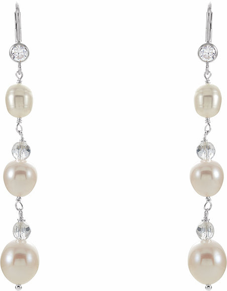Sterling Silver Cultured White Freshwater Pearl & Imitation Cubic Zirconia Earrings