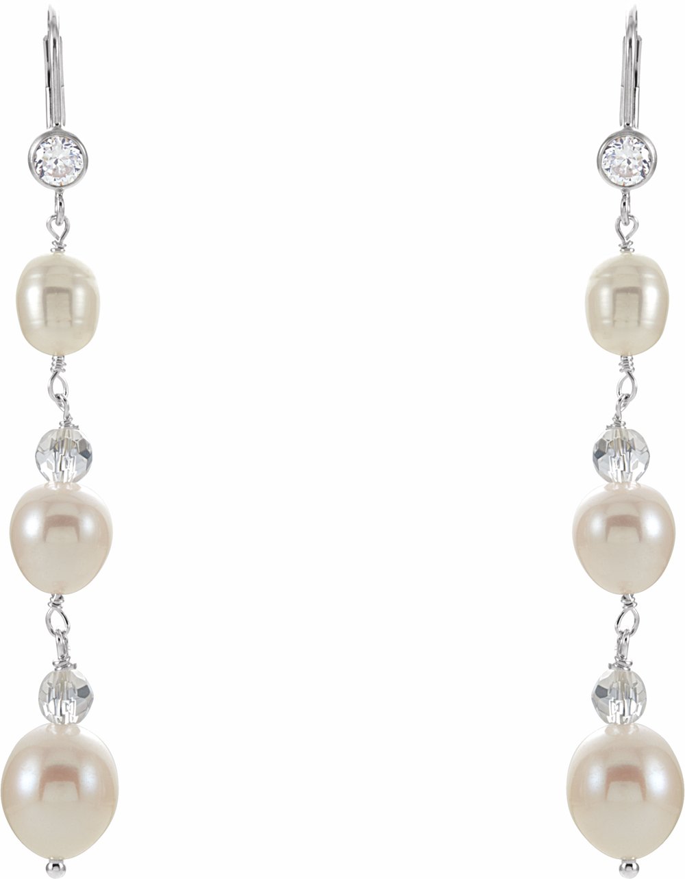 Sterling Silver Cultured White Freshwater Pearl & Imitation Cubic Zirconia Earrings