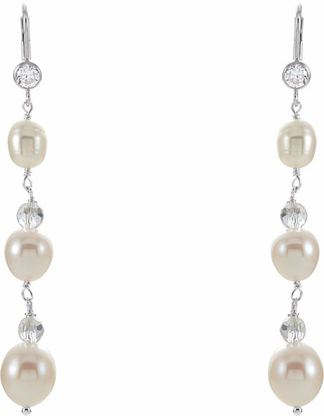 Sterling Silver Cultured White Freshwater Pearl & Imitation Cubic Zirconia Earrings