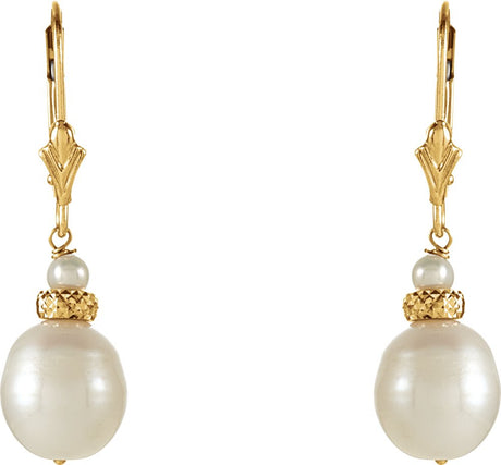 14K Yellow Gold Cultured White Freshwater Pearl Earrings 